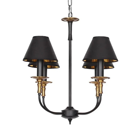 Traditional Cone Shape Chandelier 3/4/6-Head Fabric Hanging Pendant in Black/Chrome with Swooping Arm