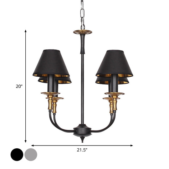 Classic Cone Shape Chandelier - Fabric Pendant In Black/Chrome With Swooping Arm 3/4/6 Head Options