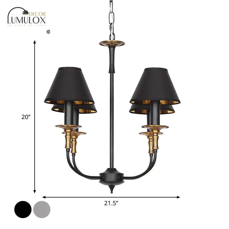 Traditional Cone Shape Chandelier 3/4/6-Head Fabric Hanging Pendant in Black/Chrome with Swooping Arm