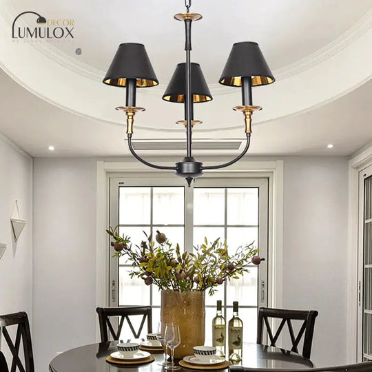 Traditional Cone Shape Chandelier 3/4/6-Head Fabric Hanging Pendant in Black/Chrome with Swooping Arm