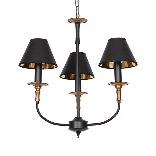 Classic Cone Shape Chandelier - Fabric Pendant In Black/Chrome With Swooping Arm 3/4/6 Head Options