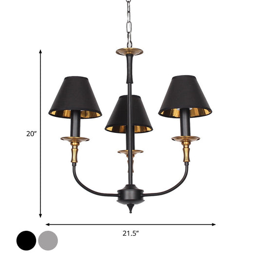 Classic Cone Shape Chandelier - Fabric Pendant In Black/Chrome With Swooping Arm 3/4/6 Head Options