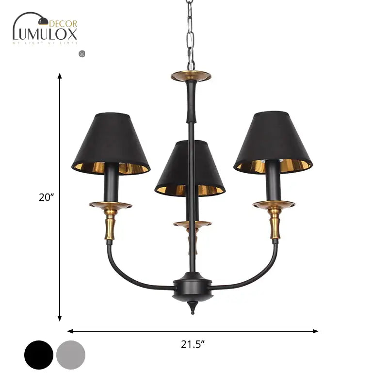 Traditional Cone Shape Chandelier 3/4/6-Head Fabric Hanging Pendant in Black/Chrome with Swooping Arm