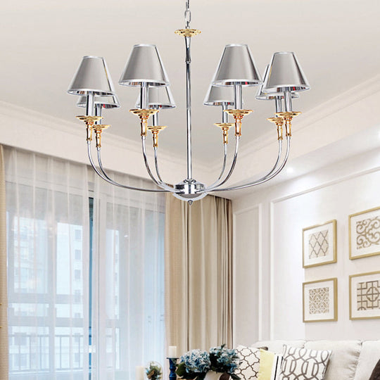 Classic Cone Shape Chandelier - Fabric Pendant In Black/Chrome With Swooping Arm 3/4/6 Head Options