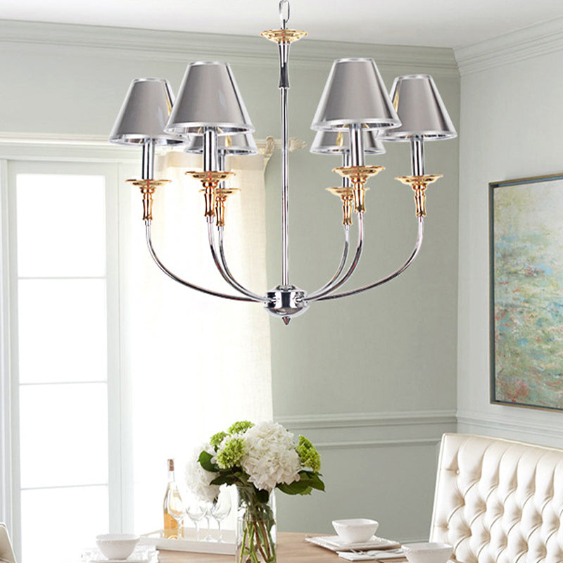 Classic Cone Shape Chandelier - Fabric Pendant In Black/Chrome With Swooping Arm 3/4/6 Head Options