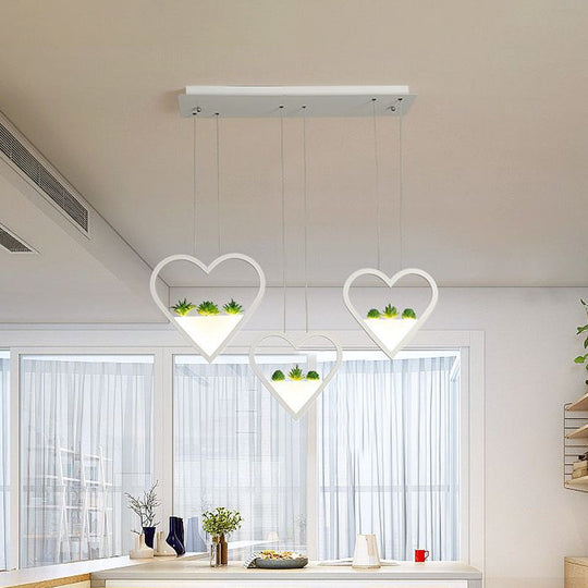 White Metal Cluster Pendant with Loving Heart Design - LED Plant Ceiling Light for Dining Room with 2/3 Simple Heads