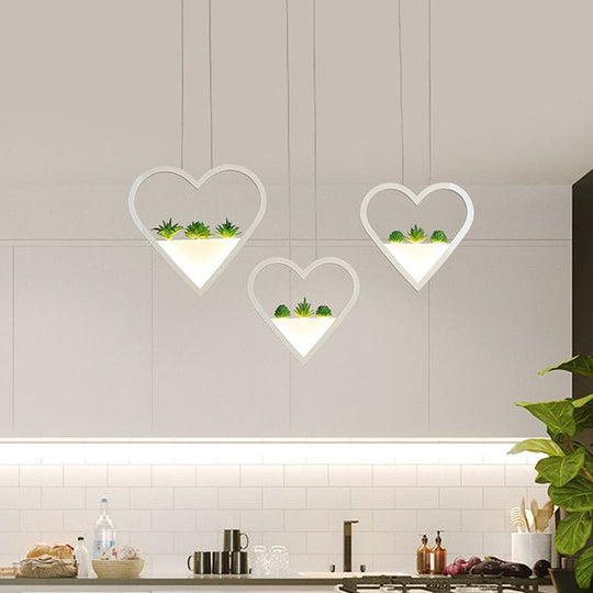 White Metal Cluster Pendant with Loving Heart Design - LED Plant Ceiling Light for Dining Room with 2/3 Simple Heads