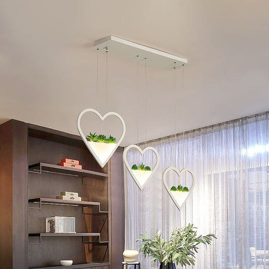 White Metal Cluster Pendant with Loving Heart Design - LED Plant Ceiling Light for Dining Room with 2/3 Simple Heads