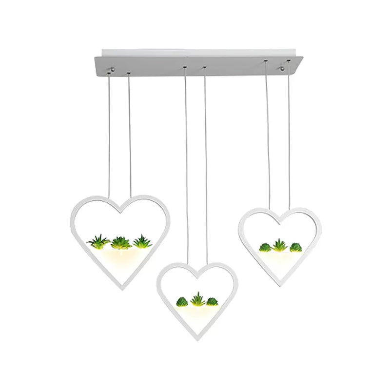 White Metal Cluster Pendant with Loving Heart Design - LED Plant Ceiling Light for Dining Room with 2/3 Simple Heads