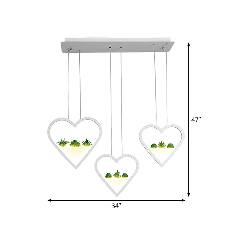 White Metal Cluster Pendant with Loving Heart Design - LED Plant Ceiling Light for Dining Room with 2/3 Simple Heads