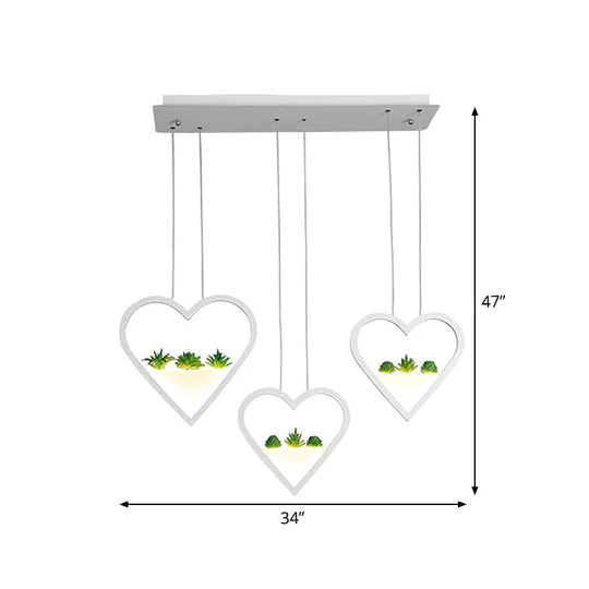 White Metal Cluster Pendant with Loving Heart Design - LED Plant Ceiling Light for Dining Room with 2/3 Simple Heads