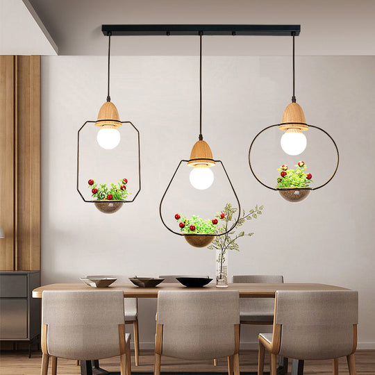 Geometric Metal Black 3-Head Industrial LED Pendant Light for Dining Room Plant Décor