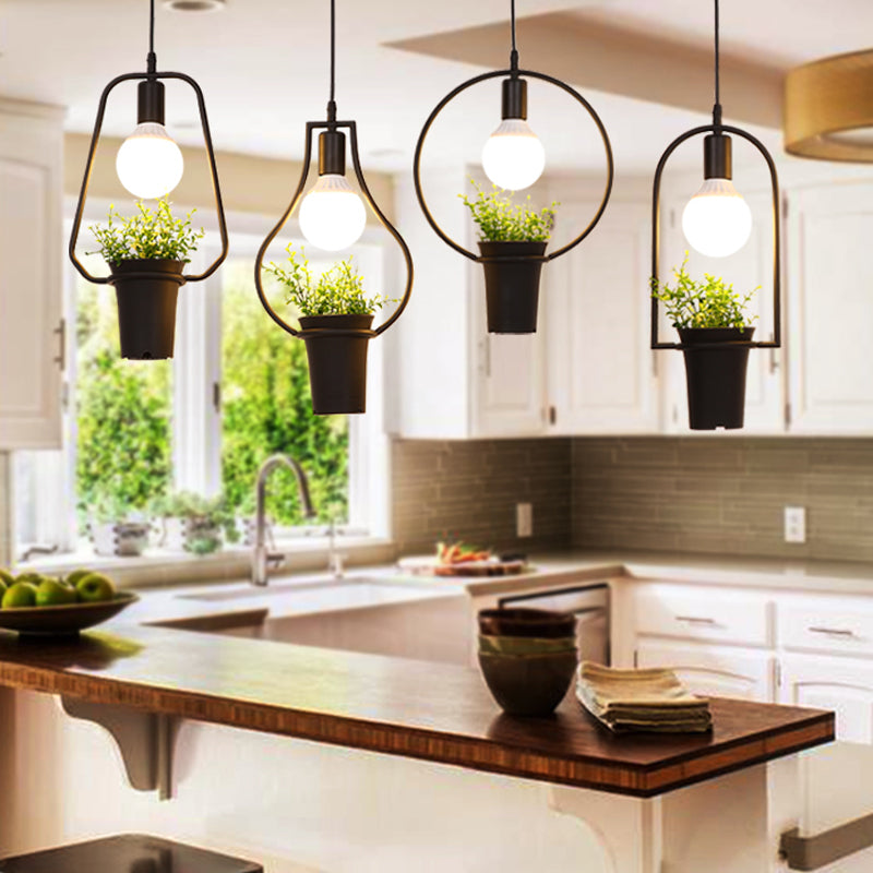 Industrial Black Metal LED Plant Cluster Pendant Light Fixture for Kitchen Ceiling