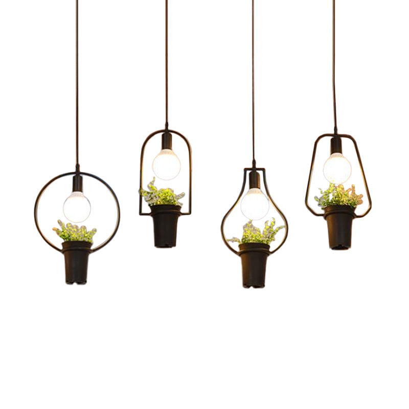 Industrial Black Metal LED Plant Cluster Pendant Light Fixture for Kitchen Ceiling