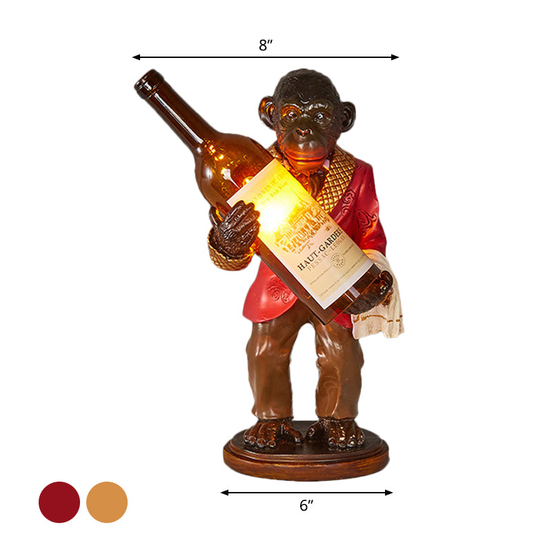 Retro Gorilla Wine Holder 1-Light Desk Lamp In Amber Glass For Night Table Red/Gold