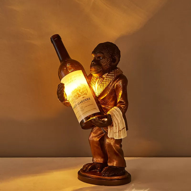 Retro Gorilla Wine Holder 1-Light Desk Lamp In Amber Glass For Night Table Red/Gold