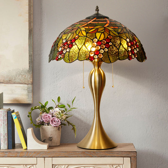 Victorian Brass Nightstand Lamp With Handcrafted Art Glass Dome - Grape Deco