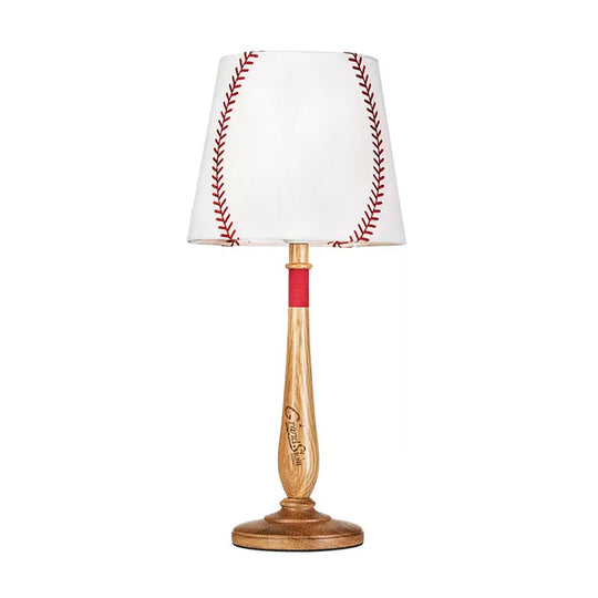 Modern Conical Fabric Table Light - 1-Light Brown/Wood Nightstand Lamp With Baseball Design