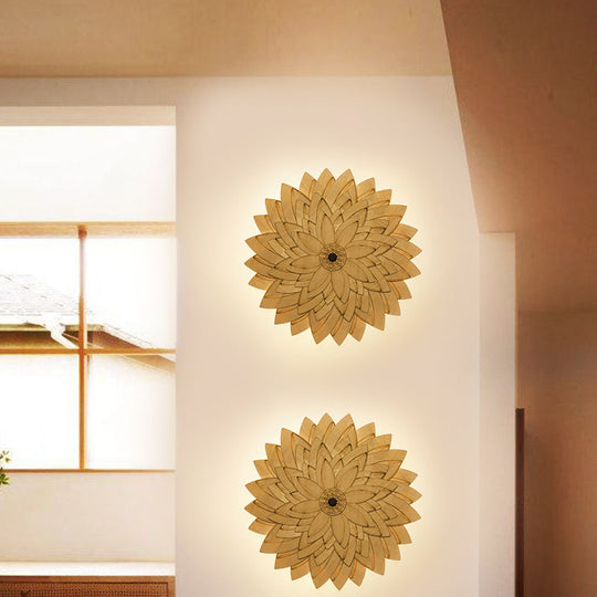 Adorable Beige Led Floral Wooden Wall Lamp: Perfect For Kids Bedroom & Hallway