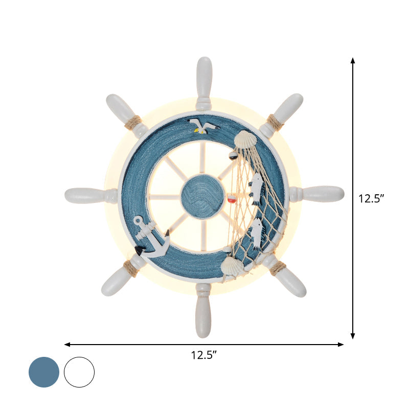 Coastal Led White/Blue Wall Mount Lamp: Rudder Resin Lighting With Round Acrylic Shade In Warm/White