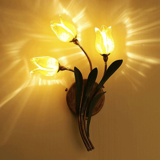 Vintage Beige Glass Tulip Nosegay Sconce Light - Antique Brass Wall Mounted Night (2/3/5 Heads)