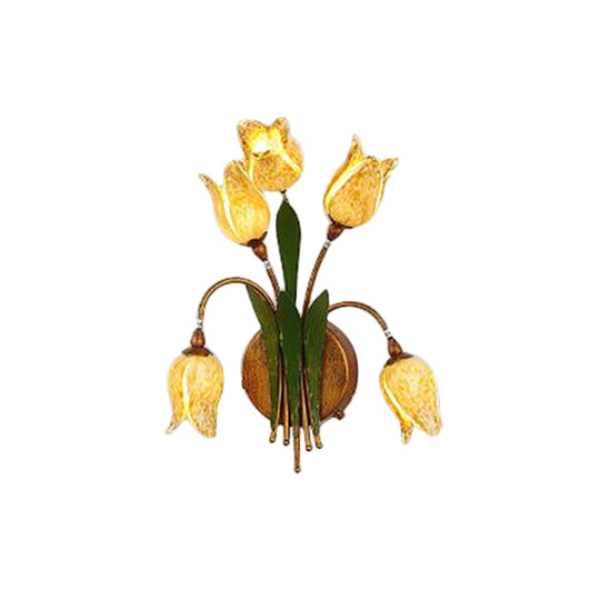 Vintage Beige Glass Tulip Nosegay Sconce Light - Antique Brass Wall Mounted Night (2/3/5 Heads)