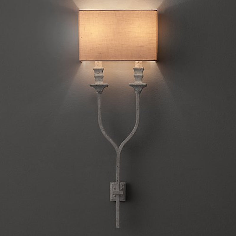 Fork Shape Wall Sconce Countryside Metal Light Fixture - 2-Bulb White/Rust Finish With Fabric