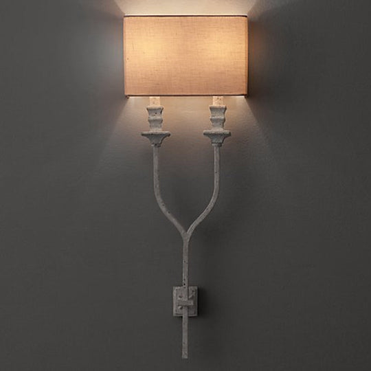 Fork Shape Wall Sconce Countryside Metal Light Fixture - 2-Bulb White/Rust Finish With Fabric