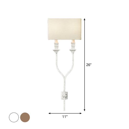 Fork Shape Wall Sconce Countryside Metal Light Fixture - 2-Bulb White/Rust Finish With Fabric