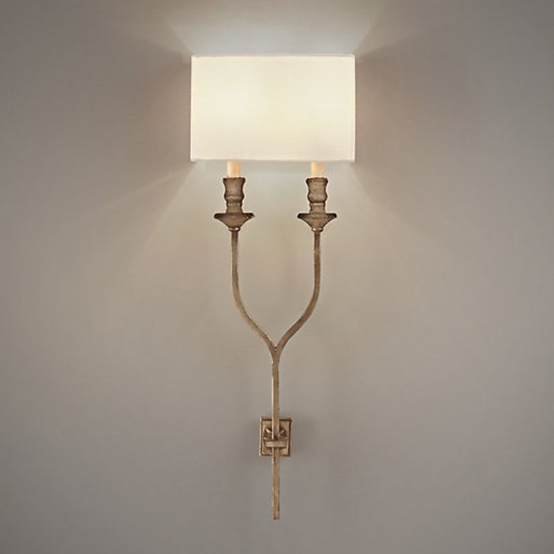 Fork Shape Wall Sconce Countryside Metal Light Fixture - 2-Bulb White/Rust Finish With Fabric