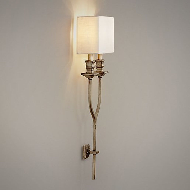 Fork Shape Wall Sconce Countryside Metal Light Fixture - 2-Bulb White/Rust Finish With Fabric