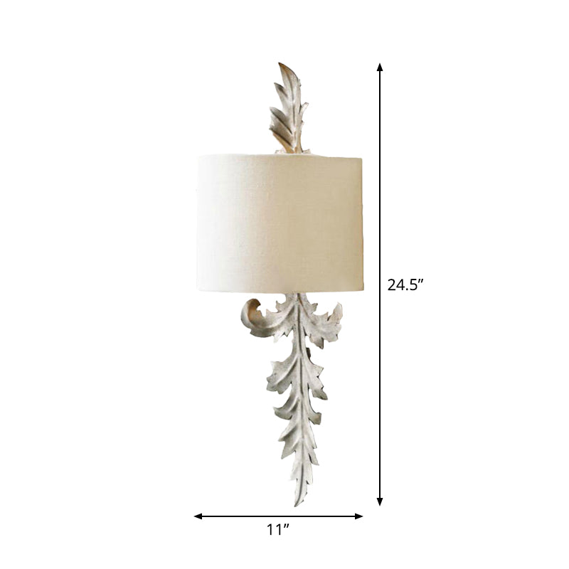 Vintage White Semi-Drum Flush Wall Sconce With Leaf Deco - 1 Light Corridor Lamp Fixture