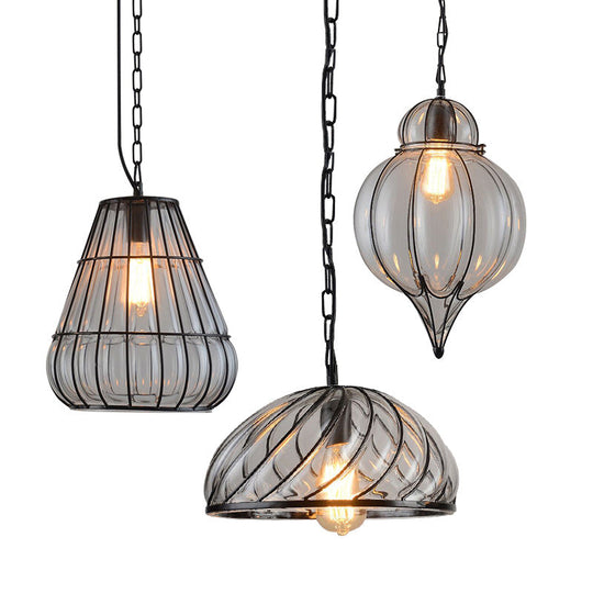 Wire Frame Pendant Lamp - Industrial Style Ceiling Fixture 8.5/9/11 W 1 Light Clear Glass & Metal