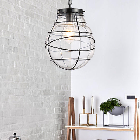 Wire Frame Pendant Lamp - Industrial Style Ceiling Fixture 8.5/9/11 W 1 Light Clear Glass & Metal