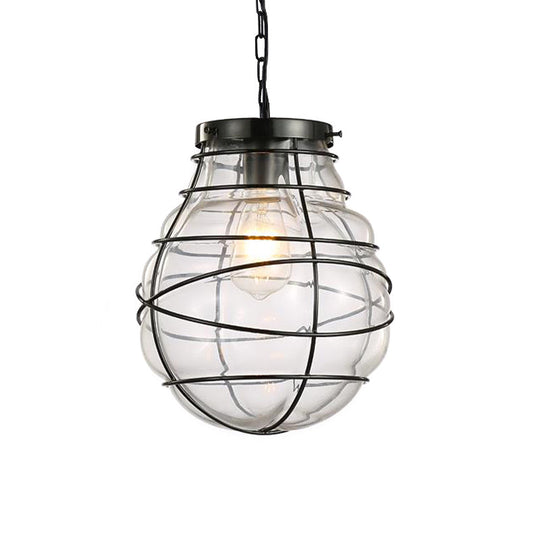 Wire Frame Pendant Lamp - Industrial Style Ceiling Fixture 8.5/9/11 W 1 Light Clear Glass & Metal