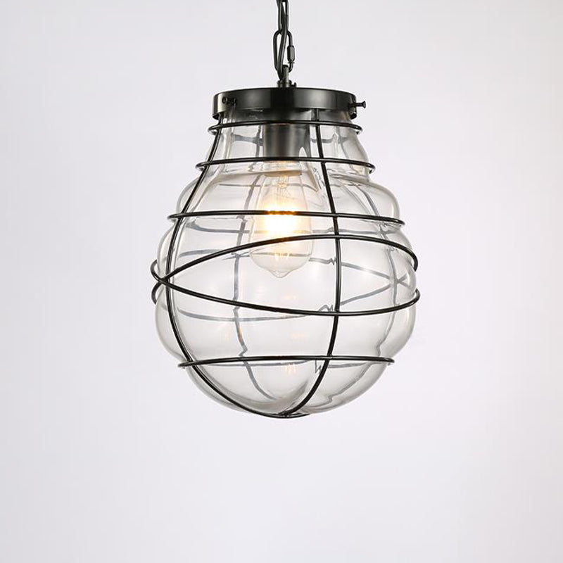 Wire Frame Pendant Lamp - Industrial Style Ceiling Fixture 8.5/9/11 W 1 Light Clear Glass & Metal