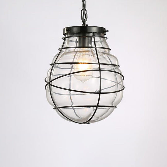 Wire Frame Pendant Lamp - Industrial Style Ceiling Fixture 8.5/9/11 W 1 Light Clear Glass & Metal