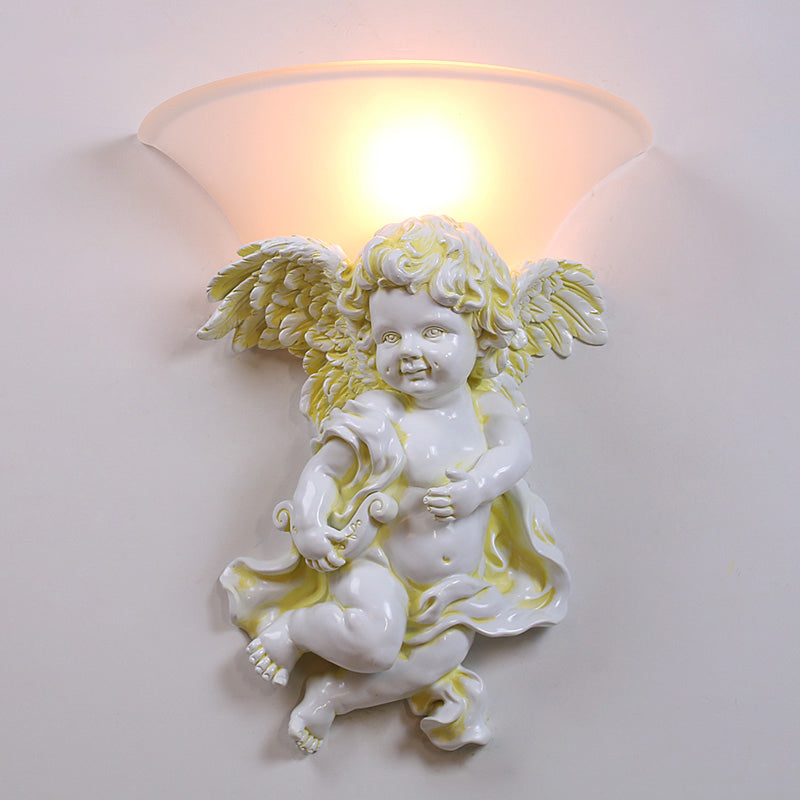 White/Gold Angel Sconce Wall Colonial 1-Light Resin Mount With Opal Glass Shade - Boy/Girl White /