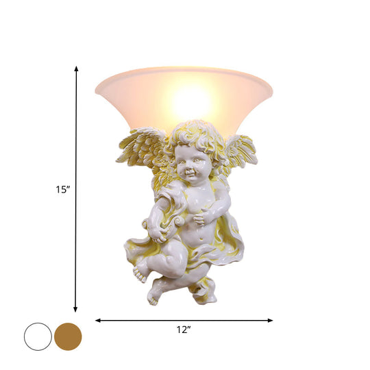 White/Gold Angel Sconce Wall Colonial 1-Light Resin Mount with Opal Gl ...