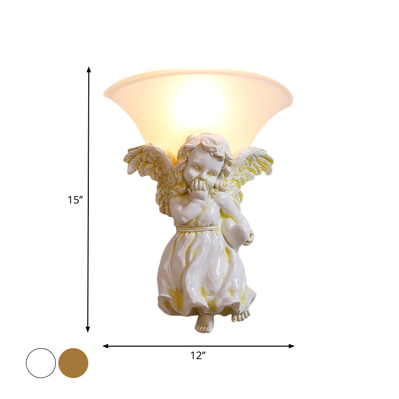 White/Gold Angel Sconce Wall Colonial 1-Light Resin Mount With Opal Glass Shade - Boy/Girl