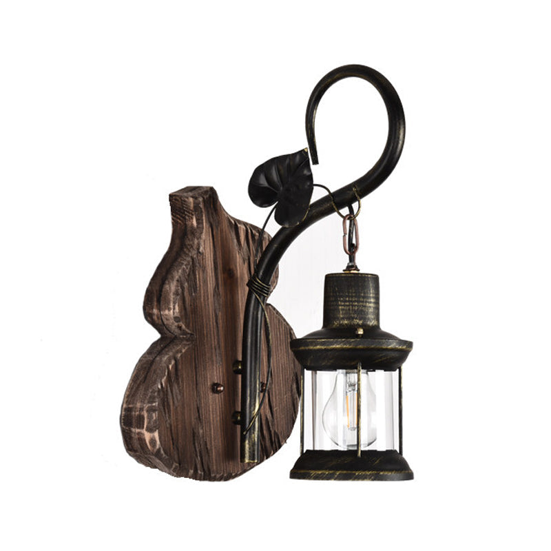 Nautical Wood Kerosene Lantern Wall Lamp: Brown Mount Light With Backplate