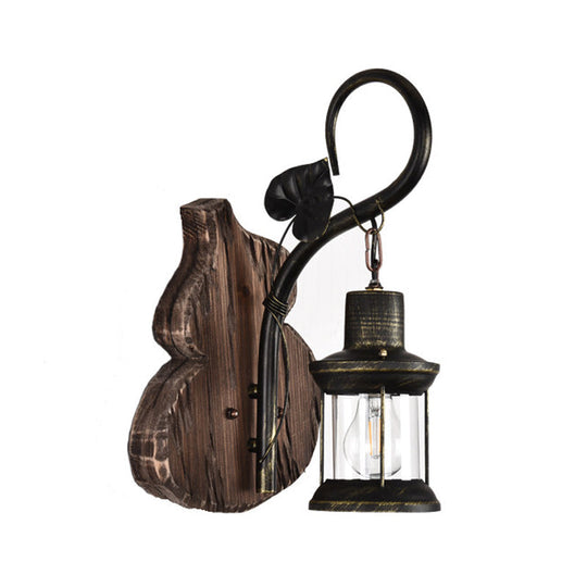 Nautical Wood Kerosene Lantern Wall Lamp: Brown Mount Light With Backplate