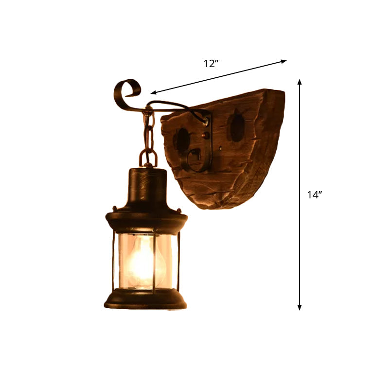 Nautical Wood Kerosene Lantern Wall Lamp: Brown Mount Light With Backplate