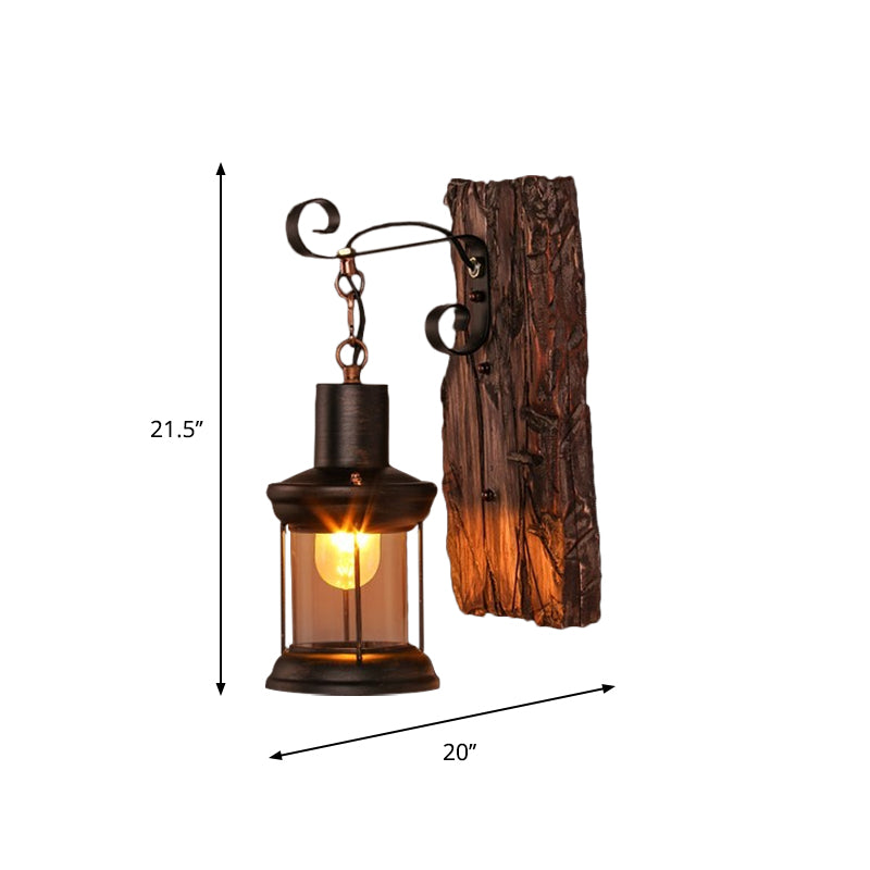 Nautical Wood Kerosene Lantern Wall Lamp: Brown Mount Light With Backplate