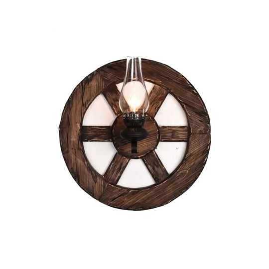 Nautical Wood Kerosene Lantern Wall Lamp: Brown Mount Light With Backplate