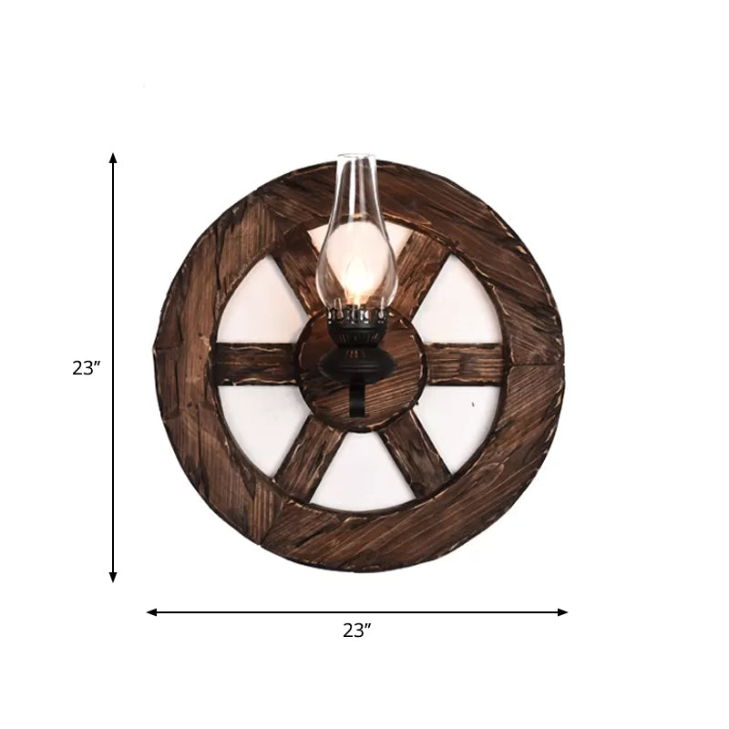 Nautical Wood Kerosene Lantern Wall Lamp: Brown Mount Light With Backplate