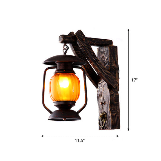 Nautical Wood Kerosene Lantern Wall Lamp: Brown Mount Light With Backplate