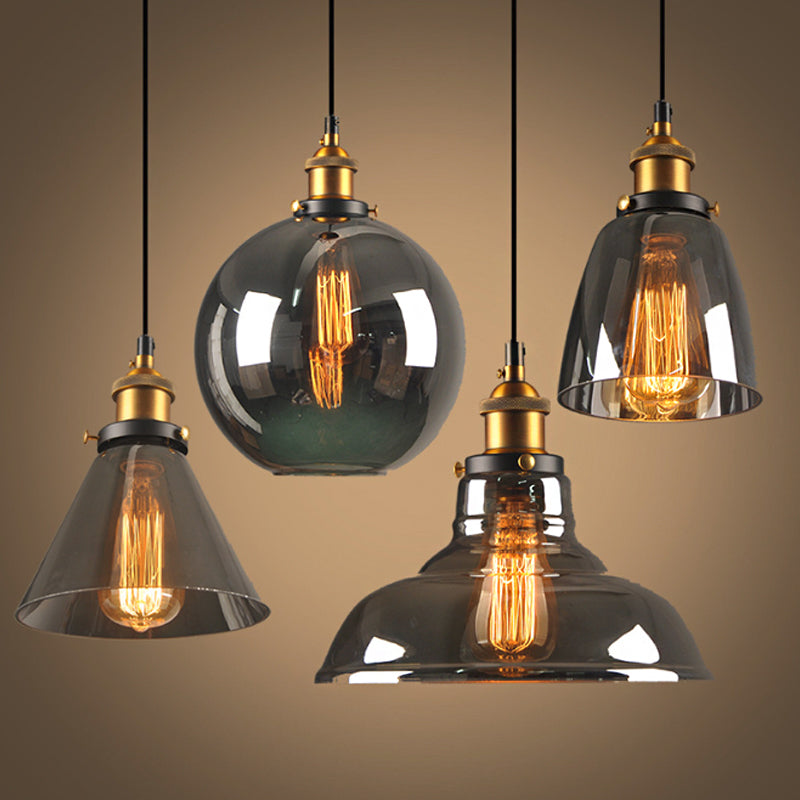 Retro Style Smoky Grey Glass Pendant Lamp - Brass Finish, Bedside Ceiling Hanging Light