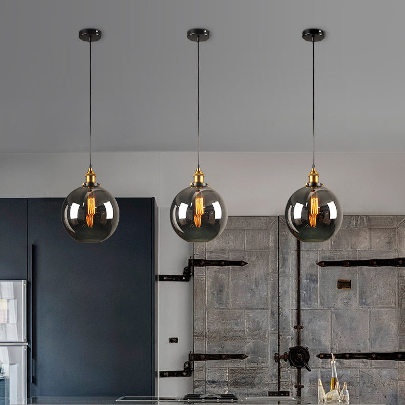 Retro Style Smoky Grey Glass Pendant Lamp - Brass Finish, Bedside Ceiling Hanging Light