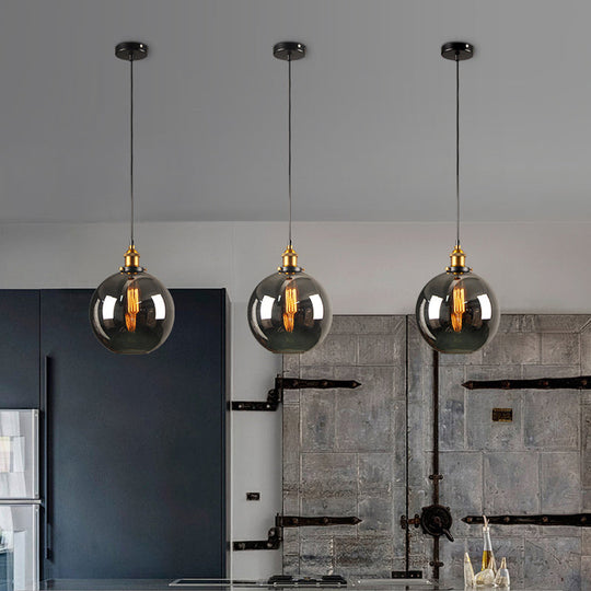 Retro Style Smoky Grey Glass Pendant Lamp - Brass Finish, Bedside Ceiling Hanging Light